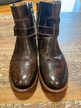 Bed Stu Becca Dark Brown Leather Ankle Boots with Strap and Side Zipper